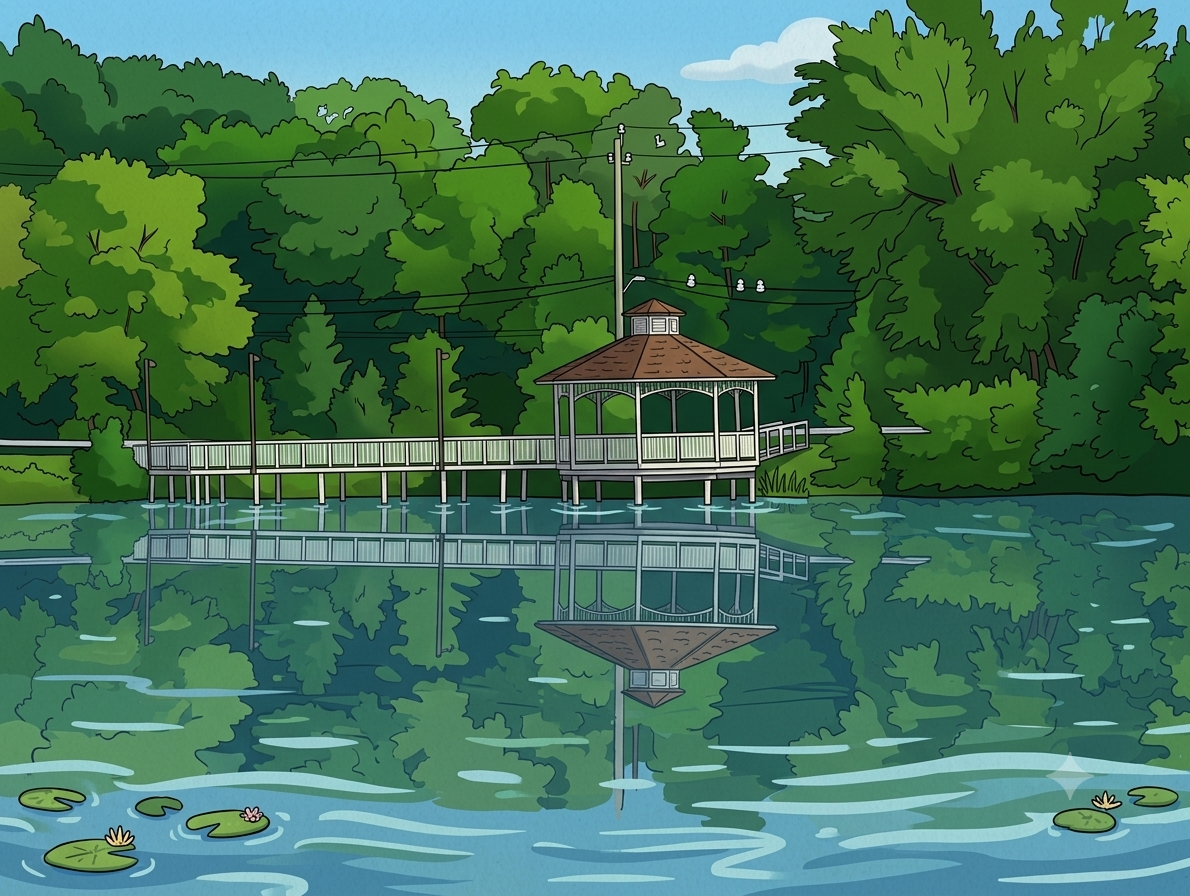 Clue 1 image showing a gazebo by the water surrounded by trees